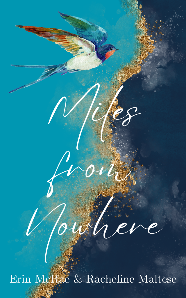 The book cover for MILES FROM NOWHERE. A light blue and a dark blue sea meet with a scatter of gold sand dividing them. At the top of the cover is a large drawn swallow, a traditional symbol of luck amongst sailors